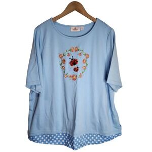 Quacker Factory Shirt Women's‎ 1X Lady Bug Floral Short Sleeve Blue